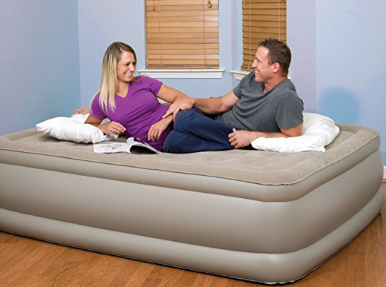 Pure Comfort Suede Top Air Mattress with Built-In Pump, Raised Profile Queen Sized Bed, Tan